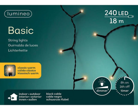 Illuminazione Lumineo LED 18m 240 luci classiche calde. con timer da 8 ore e funzione dimmer per interni ed esterni