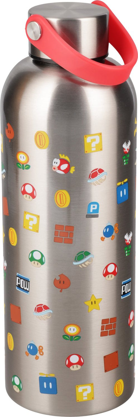 Paladone super mario borraccia in metallo con anello per il trasporto – borraccia in acciaio inox 500 ml –