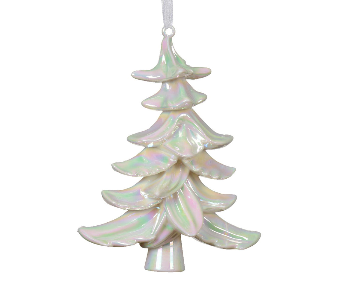 Decoris albero natalizio pendente in plastica bianca iridescente 8,5x14,5x18cm