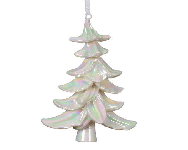 Decoris albero natalizio pendente in plastica bianca iridescente 8,5x14,5x18cm