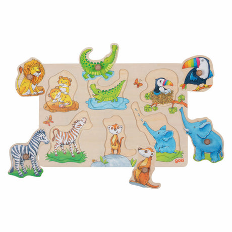 Goki puzzle con sfondo in legno mamma e bambino, 6 pz.