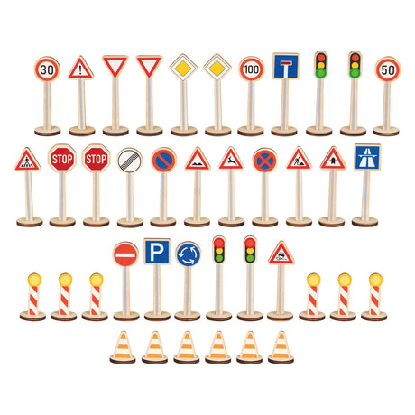 Set da gioco con segnaletica stradale Goki - giocattoli educativi in ​​legno 40 pezzi.