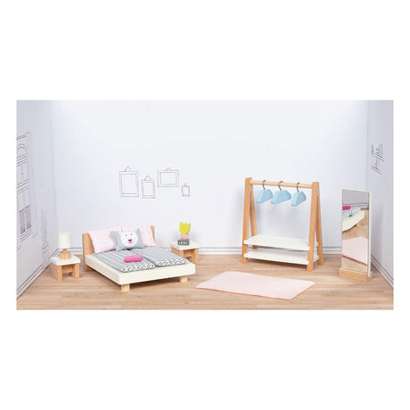 Mobili per casa delle bambole Goki: camera da letto di design, 18 pezzi, letto 12,7 cm, legno di faggio e tessuto, 3+