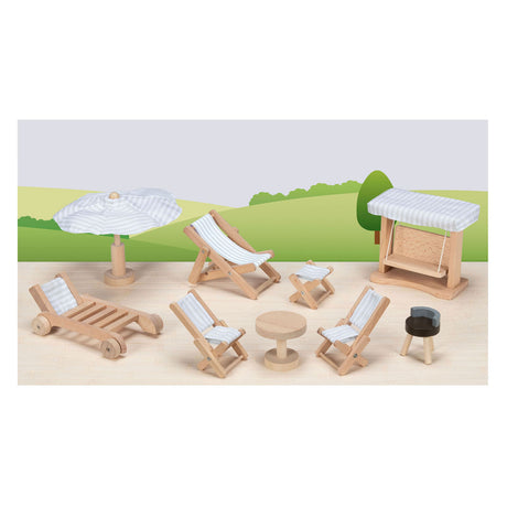 Mobili per casa delle bambole Goki: mobili da giardino, 9 pezzi, altalena h10,5 cm, legno e tessuto, 3+