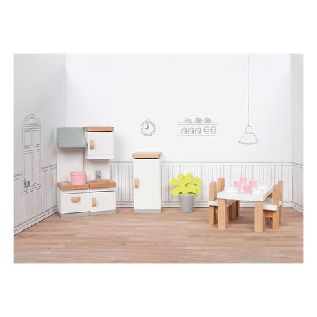 Mobili per casa delle bambole Goki: cucina di design, 20 pezzi, 10x6,5x5 cm (tavolo), legno di faggio e tessuto, 3+