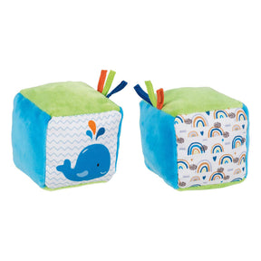 Giocattolo per bambini a cubo morbido Goki con balena e pellicola increspata.