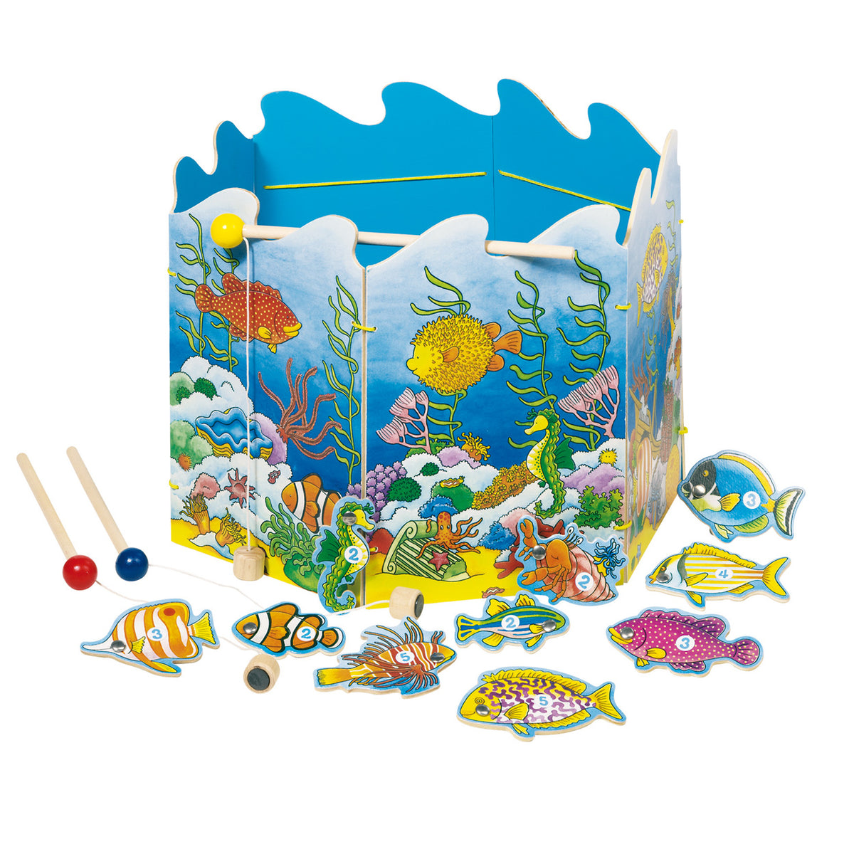 Gioco da pesca Goki diam.30cm, 19 pezzi, con 2 canne da pesca con magnete, legno, 3+