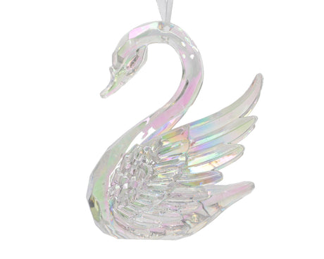 Decoris Ciondolo natalizio cigno in plastica trasparente iridescente 6,5x9x10cm