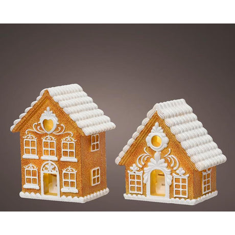 Decoris statua casa pan di zenzero con illuminazione LED poliresina marrone 8,5x5,5x8,3cm