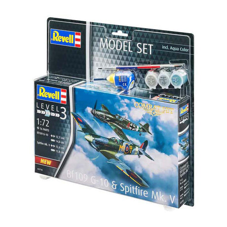 Kit di modellismo Revell - set da combattimento bf109g-10 spitfire mk.v 1:72 - 76 parti. - incl. colori base della vernice aqua color