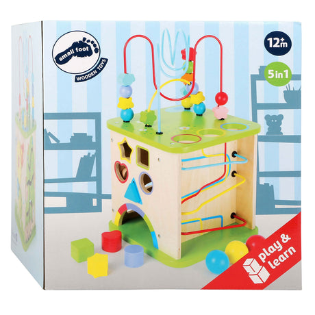 Small foot - Cubo attività in legno con pista per biglie, 8 pezzi.