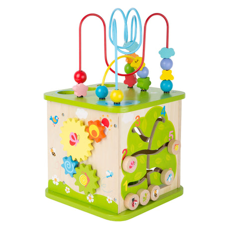 Small foot - Cubo attività in legno con pista per biglie, 8 pezzi.