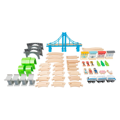 Small foot - Set trenino in legno con ponte, 60 pezzi.