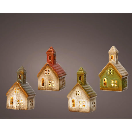 Lumineo huisje keramiek met led 13x7,5x5,5cm 4 assorti