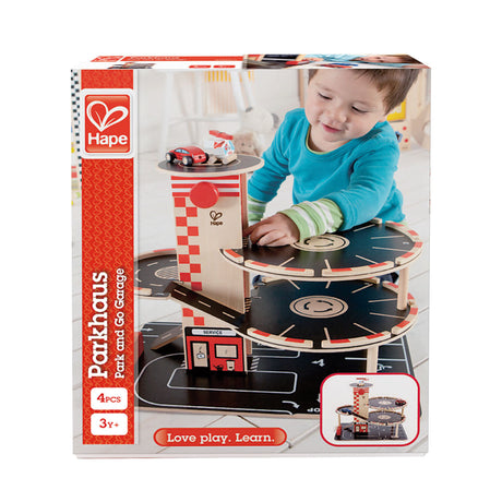 Hape park go garage - garage giocattolo con ascensore, elicottero e auto, dai 3 anni in su