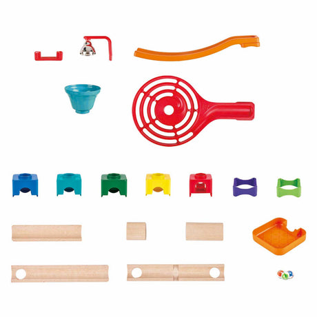 Pista per biglie in legno Hape - Pista per biglie in legno da 128 pezzi con spirali, campana e 40 biglie, da 3 anni