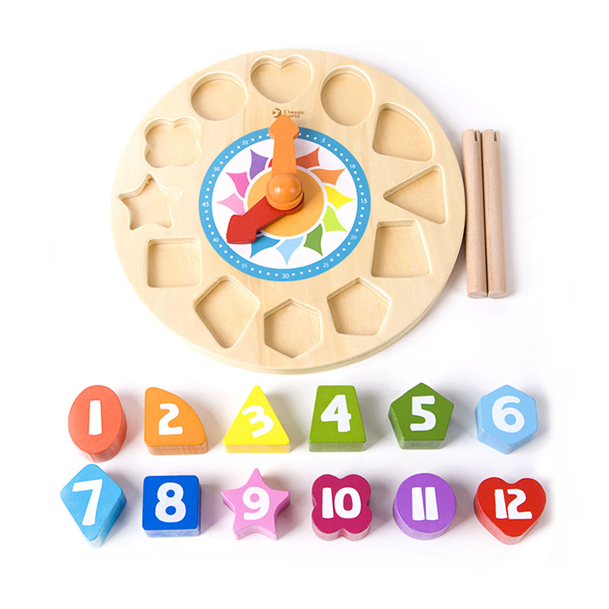 Orologio didattico in legno dal mondo classico con forme tic-tac, 15 pz.