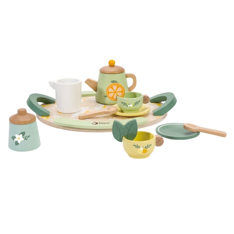 Set da tè vintage in legno dal mondo classico con vassoio, 14 pezzi.