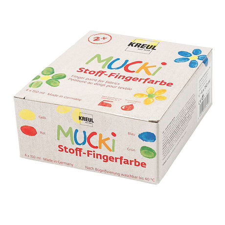 Mucki colore con le dita per tessuti - 4 x 150 ml colore con le dita per tessuti - colori giallo, rosso, blu verde