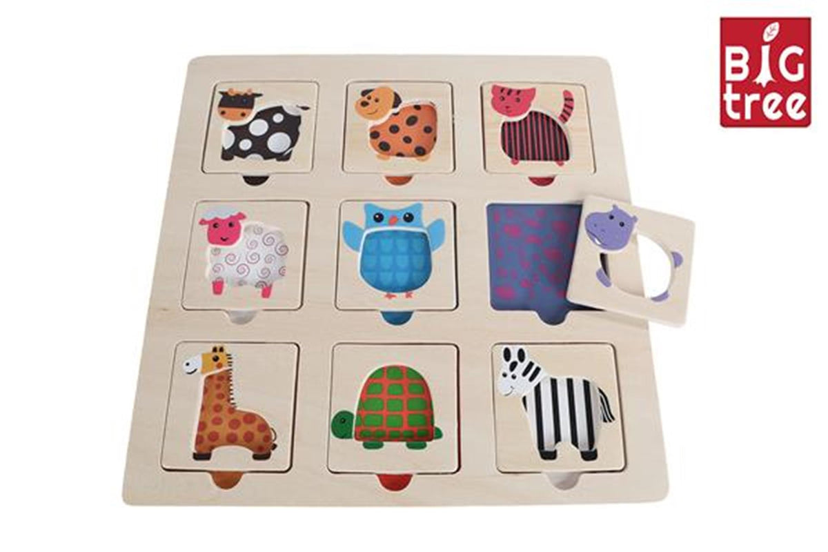Puzzle in legno con intarsio di grande albero trova l'animale 9 pezzi
