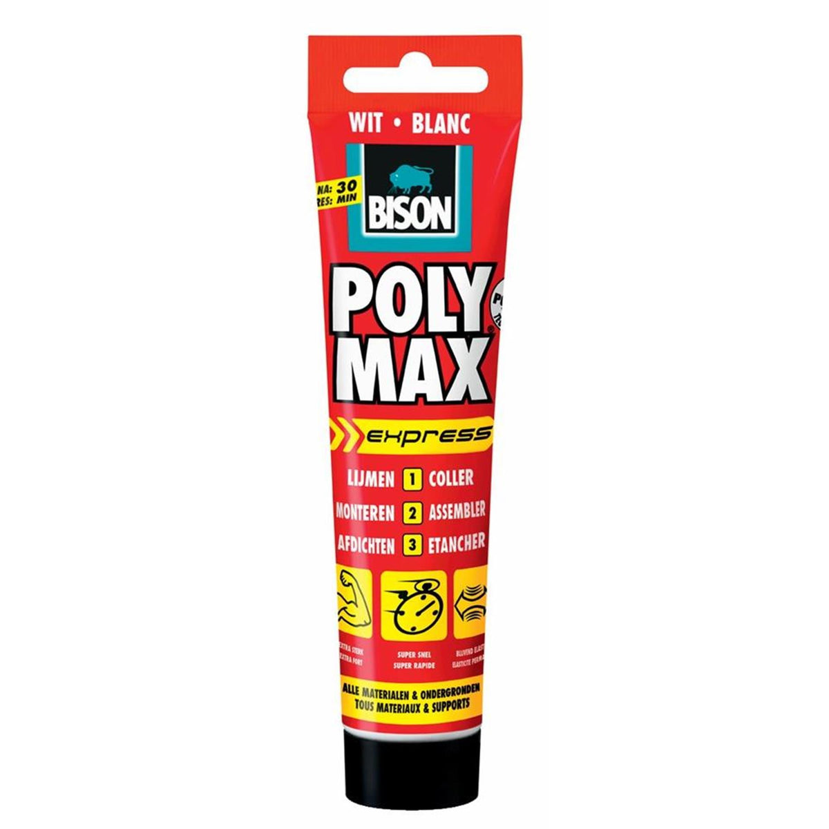 Bison poly max express tubo bianco 165 grammi, adesivo di montaggio, incollaggio, montaggio e sigillatura, tecnologia SMP unica, senza solventi, per interni ed esterni, quasi tutte le superfici