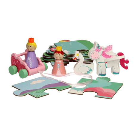 Puzzle con figurine in legno di unicorno in custodia