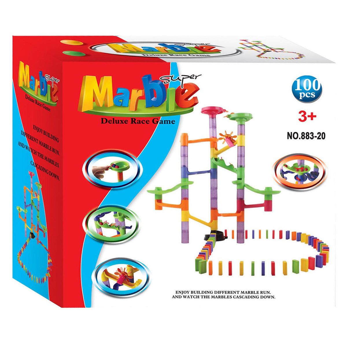 Set domino con pista per biglie, 100 pezzi.