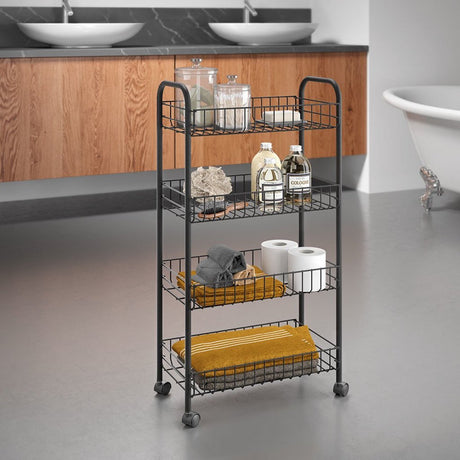 Carrello ascona Metaltex con ruote + 4 cesti 41x23x84 cm metallo nero opaco