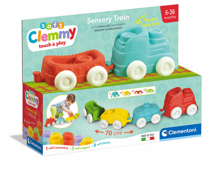Clementoni baby - trenino sensoriale clemmy con morbidi blocchi, 12 pezzi.