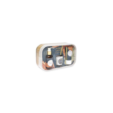 Set regalo da bagno Source Balance Home Life in cestino di bambù con gel doccia, lozione per il corpo e candela profumata.