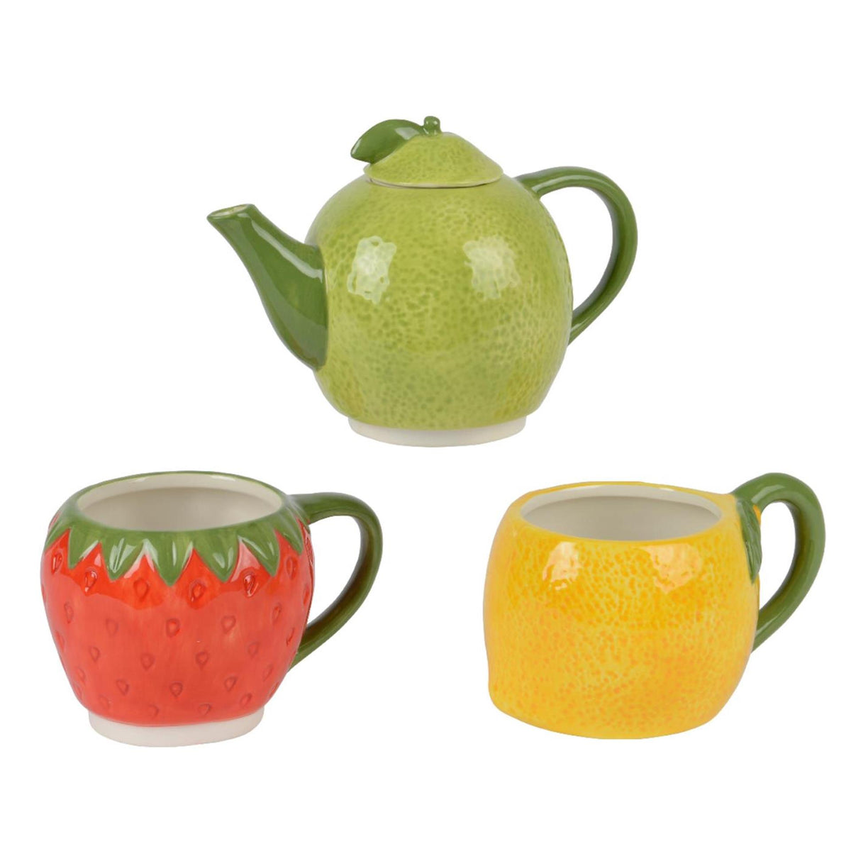 Decoris set da tè frutta dolomite 16,7x10,2x24cm teiera con 2 tazze arancio lime fragola