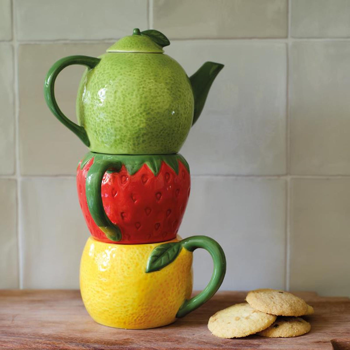 Decoris set da tè frutta dolomite 16,7x10,2x24cm teiera con 2 tazze arancio lime fragola