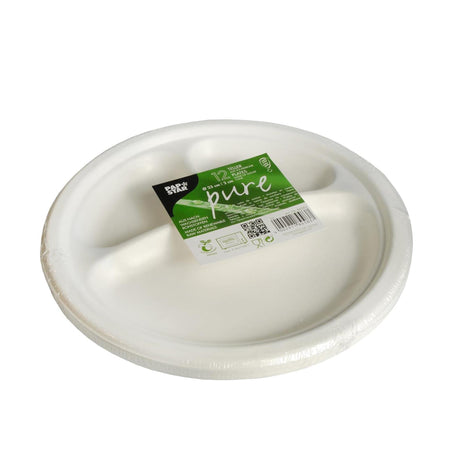 Papstar 12 piatti zucchero di canna puro 3 scomparti ø23cm