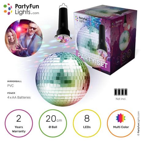 Set per feste con luci Partyfun: palla da discoteca diametro 20 cm, 8 LED multicolori, funziona con 4 batterie AA