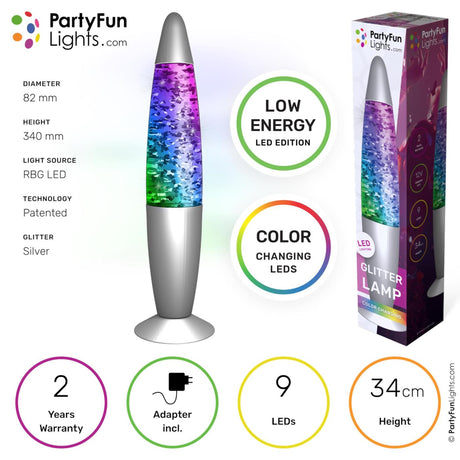 Partyfunlights - lampada glitter LED multicolore - tecnologia ad alta efficienza energetica - cambia colore - altezza 34 cm - incl. adattatore