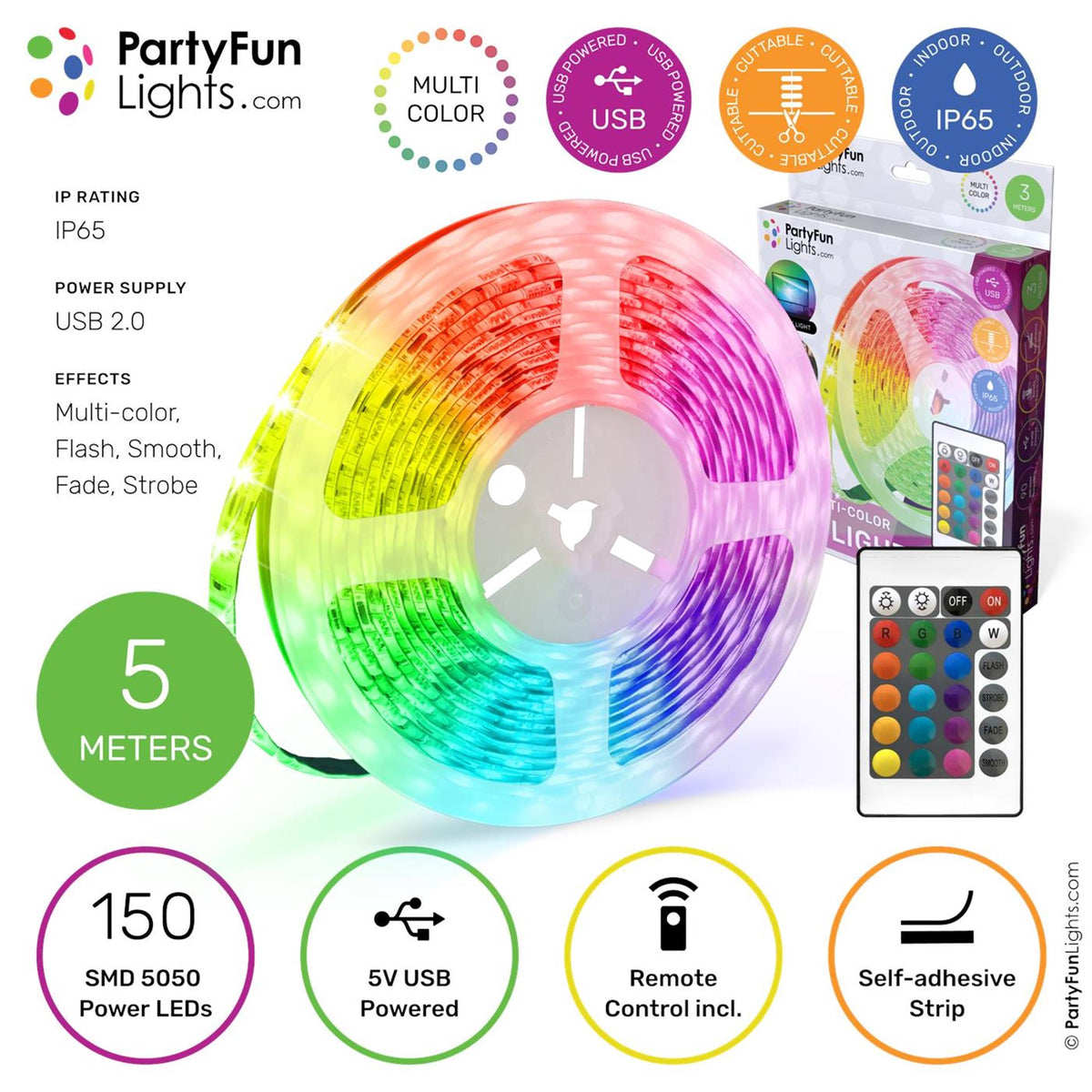 Luci Partyfun partyfunlights - Striscia LED - RGB multicolore - Funziona su USB - 5 metri