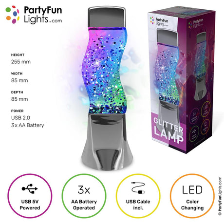 Lampada da tavolo con luci Partyfun, glitter, LED che cambia colore, funziona con batterie 3XAA e USB H25,5 cm