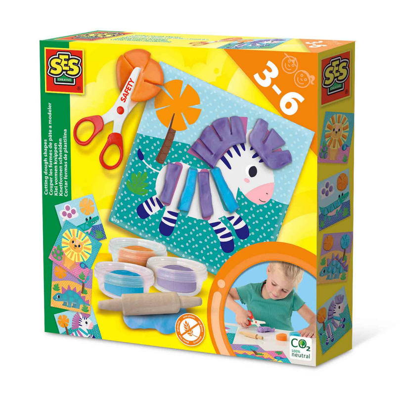 Ses creative ses - tagliare forme di argilla - 3 colori di argilla (3x40g) - con forbici per bambini sicure e carte di argilla riutilizzabili - senza glutine