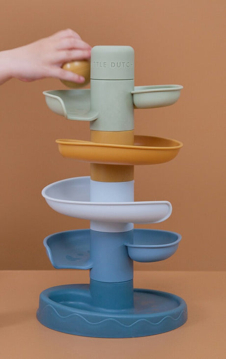 Rubo Toys piccola torre a spirale olandese blu - pista per biglie - 5 parti - 3 palline - torre impilabile