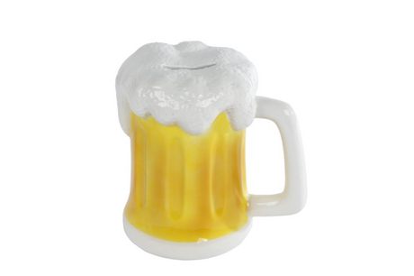 Salvadanaio boccale di birra giallo terracotta bianca 14x10x14,5 cm giallo