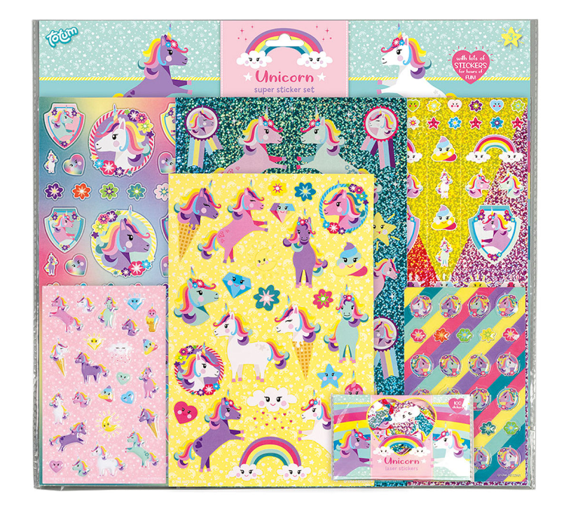 Totum adesivi unicorno set di super adesivi xl 8 fogli - incl. adesivi di lusso con tema unicorno 38 x 36 cm - giochi inclusi - giocattoli creativi per ragazze e ragazzi dai 3 anni