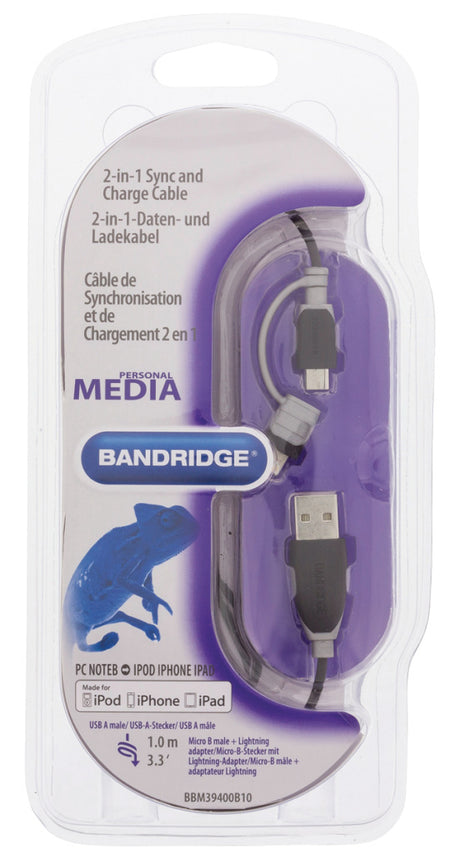 Bandridge BBM39400B10 Cavo Dati e Ricarica 2 in 1 USB Micro-B Maschio + Adattatore Lightning - A Maschio 1,00 m Nero