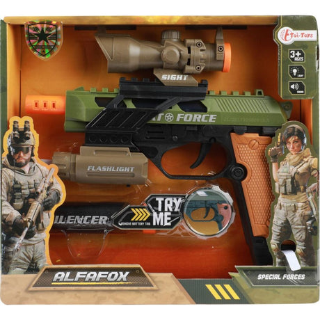 Pistola militare toi-toys alfafox con silenziatore + torcia + luce e suono
