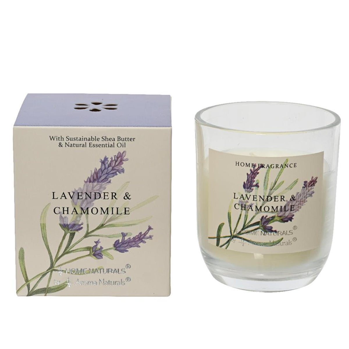 Candela profumata Decoris in vetro lavanda e camomilla 20% cera al burro di karitè dia7,8x9 cm 20 ore di combustione