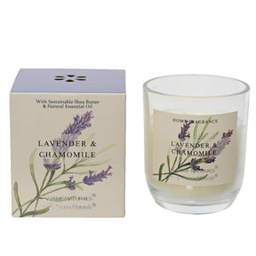 Candela profumata Decoris in vetro lavanda e camomilla 20% cera al burro di karitè dia7,8x9 cm 20 ore di combustione