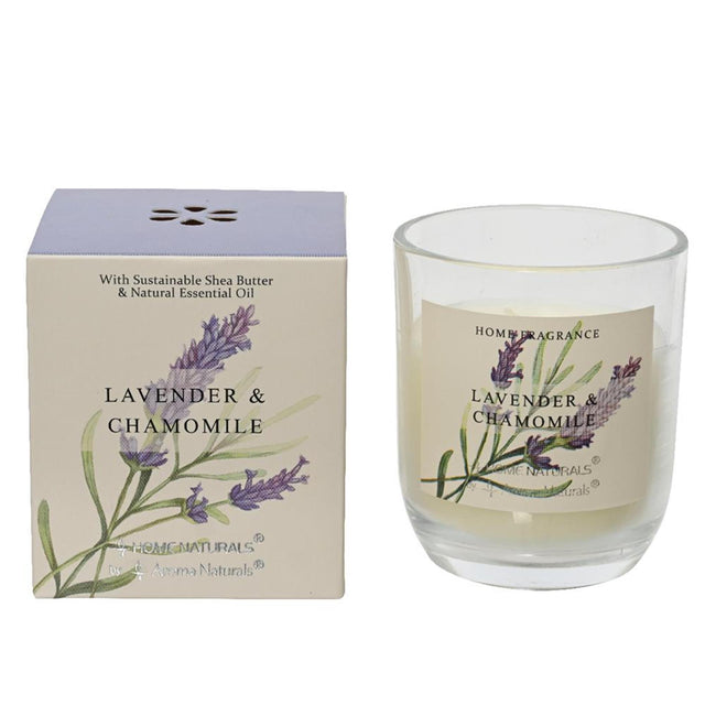 Candela profumata Decoris in vetro lavanda e camomilla 20% cera al burro di karitè dia7,8x9 cm 20 ore di combustione