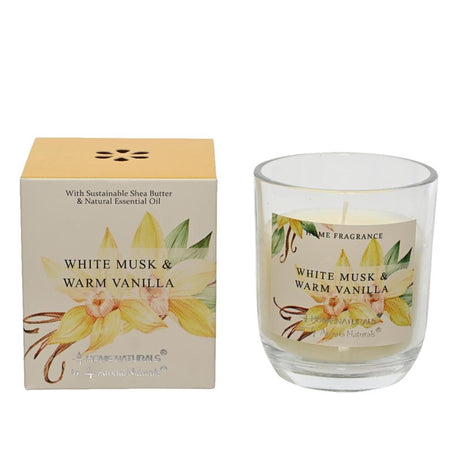 Candela profumata Decoris in vetro muschio bianco e vaniglia calda cera al burro di karitè al 20% dia7,8x9 cm 20 ore di combustione
