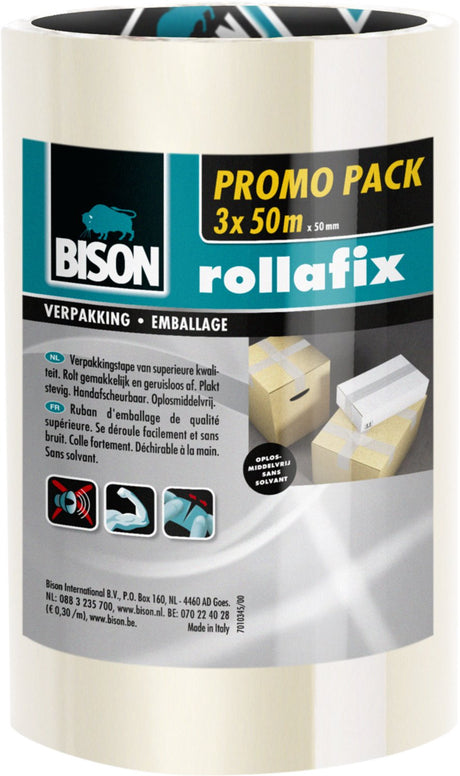 Bison 3 rotoli di nastro da imballaggio rollafix trasparente confezione risparmio 50 metri x 5 cm, strappabile a mano, nastro da imballaggio resistente