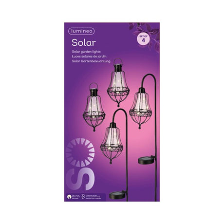 Set lanterne solari Lumineo LED l11,5-l14,5-h84cm 2 lanterne a presa e 2 lanterne sospese in metallo nero h19,5 cm