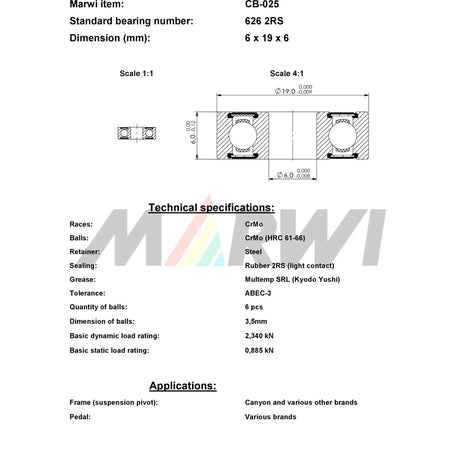 Cuscinetto a sfere Marwi Union CB-025 626 2rs - 6x19x6